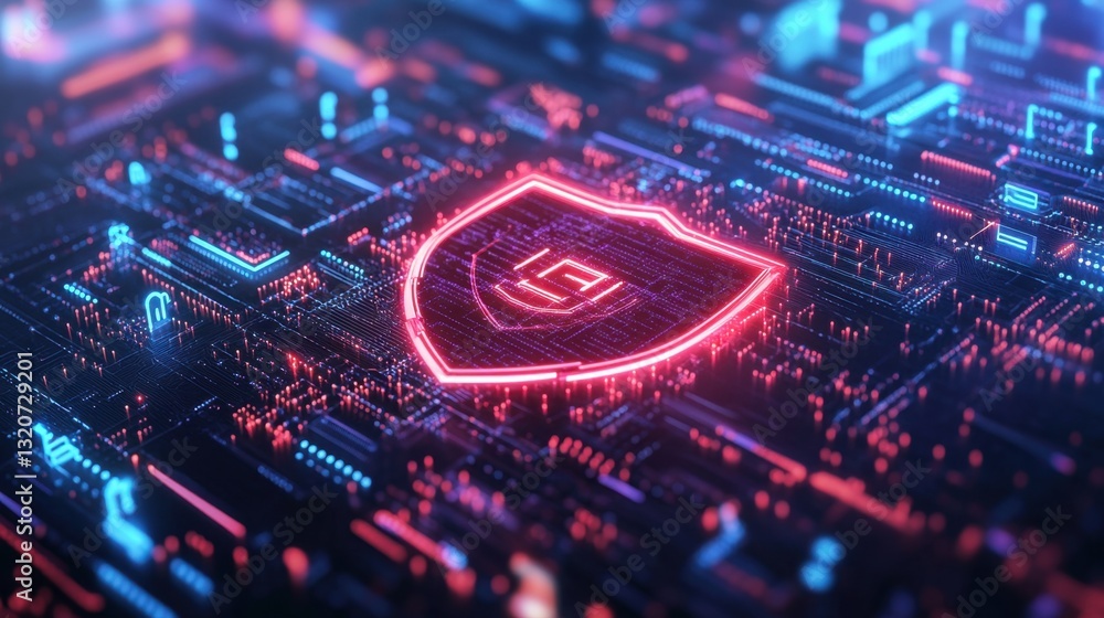 Poster a cybersecurity-themed background with a glowing shield icon and digital encryption layers