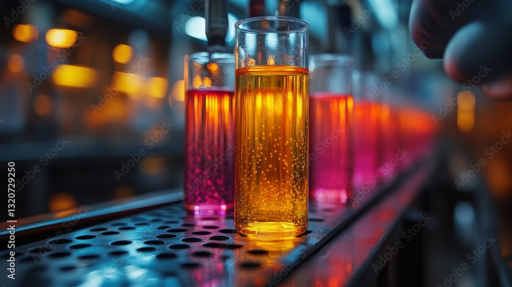 Poster A vibrant array of liquids is being processed on an automated line at a petrochemical facility. Various colored samples indicate different stages of chemical synthesis and refinement.