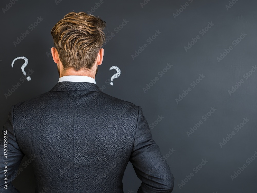 Poster business professional in formal attire analyzing questions on a blackboard representing leadership p