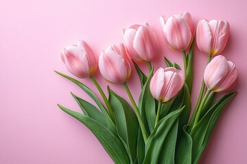 Obraz premium A minimalistic bouquet of light pink tulips, perfect for Valentine's Day, weddings, or floral design. Showcases elegance and natural beauty in a pastel palette.