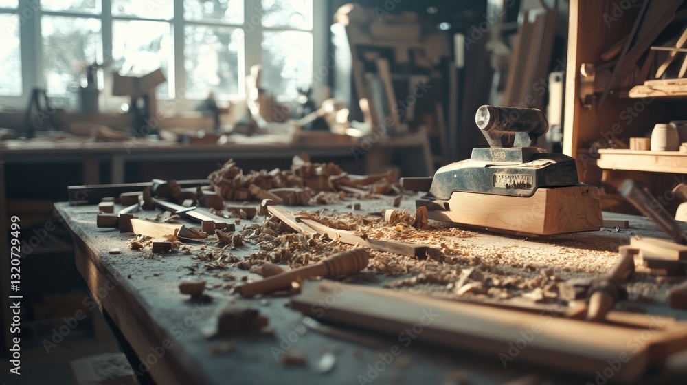 Poster A workbench with a planer and various tools arranged neatly
