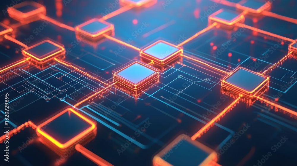 Poster a decentralized financial system powered by blockchain technology with glowing network nodes