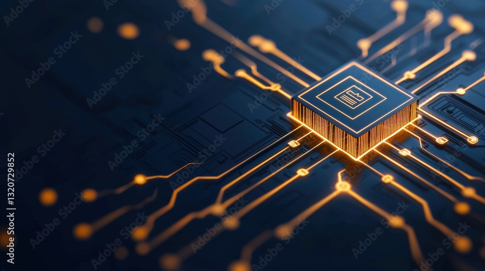 Poster financial inclusion loans concept. close-up of a microchip with glowing circuits on a dark backgroun
