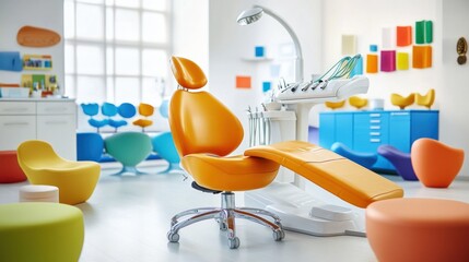 Bright, modern pediatric dental office with colorful furniture and equipment