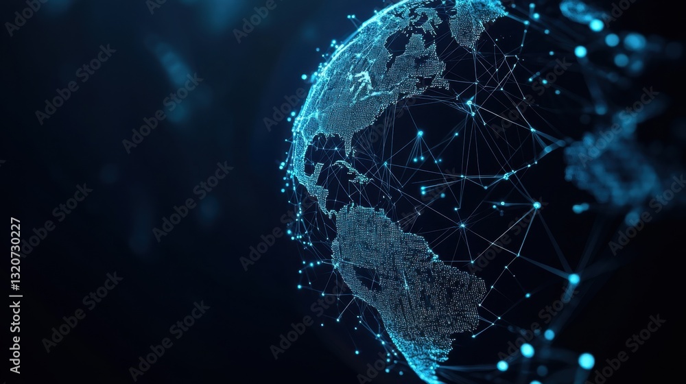 Poster a digital futuristic globe connected with blockchain-based supply chain technology