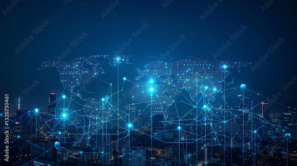 Poster abstract world map with global network and connectivity. digital technology. futuristic global techn