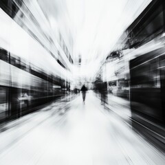 Abstract Black And White City Street Scene With Blurred Motion Of A Walking Figure