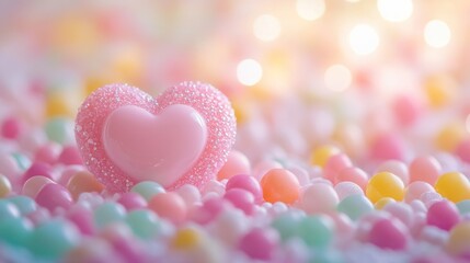 Fototapeta premium Pink heart-shaped object rests on pastel-colored small spheres, bokeh background