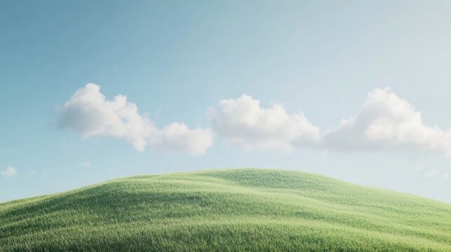 Serene rolling green hill under a bright blue sky with fluffy white clouds
