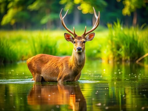 Barasingha Deer Cooling Off in a Pond on a Hot Summer Day