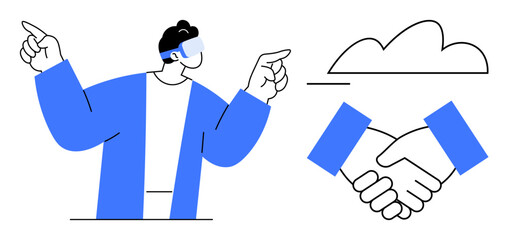Man in virtual reality headset pointing, paired with a floating cloud and handshake. Ideal for technology, innovation, virtual meeting, cloud computing, collaboration, future teamwork. Flat simple