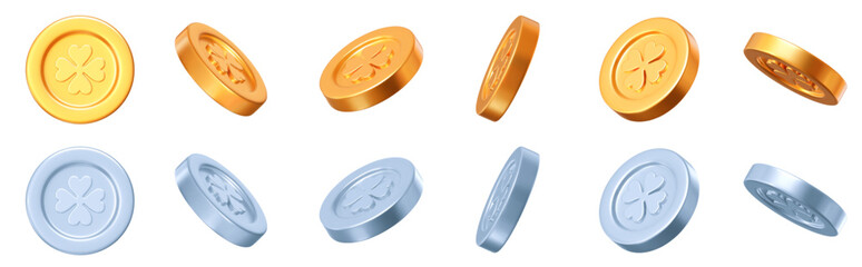 3d golden and silver coins set with clover leaves pattern in different angles. St. Patrick's Day shiny element. Stock vector illustration on white isolated background.
