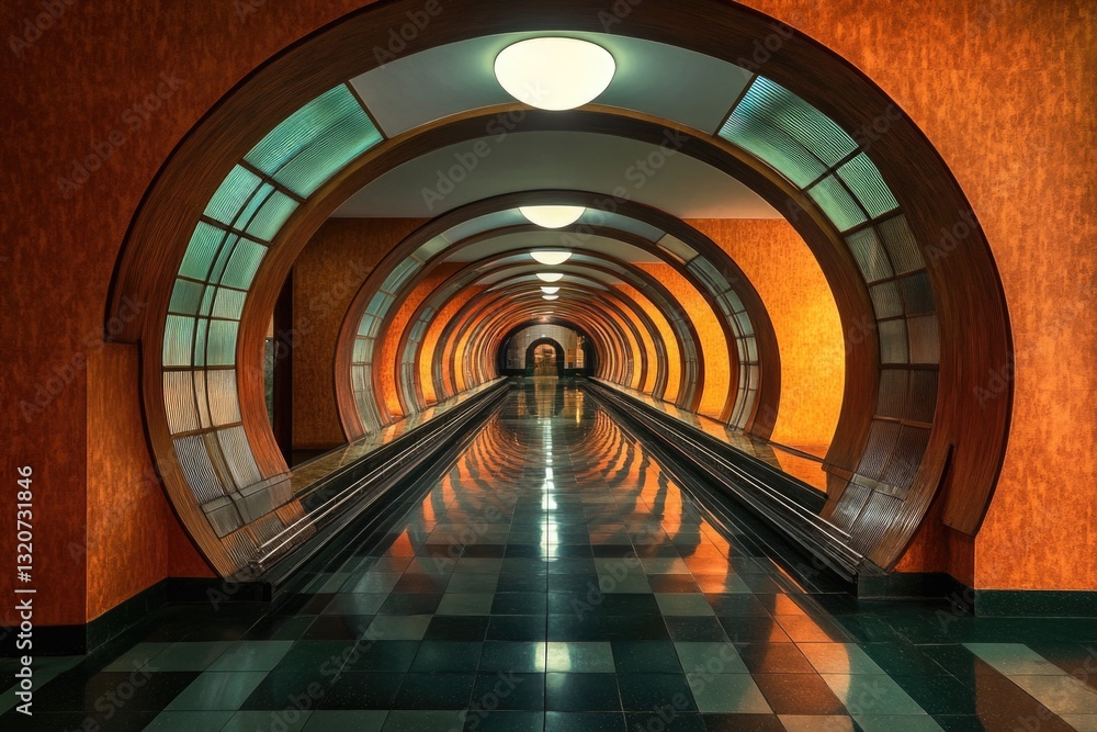 Aufkleber An escalator moving through a tunnel in a building, suitable for use in architectural or infrastructure illustrations