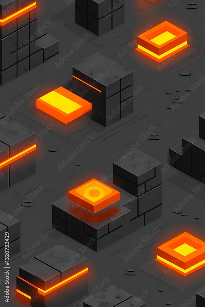 Poster abstract isometric background with glowing geometric shapes in dark tones