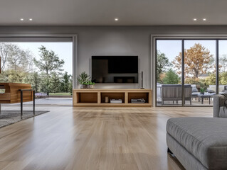 Modern living room with large windows showcasing outdoor greenery during daylight