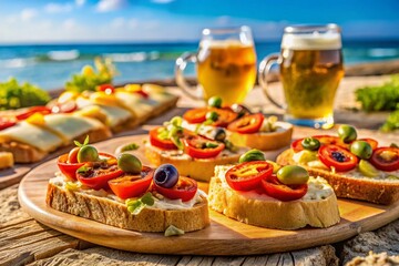 Beach Aperitif: Toasted Bread, Hummus, Cheese & Beer Macro Shot