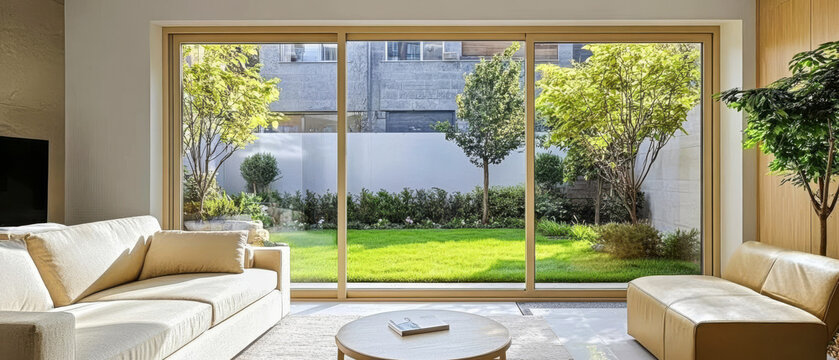 Fototapeta Modern living room with large windows overlooking a serene garden space and bright green grass