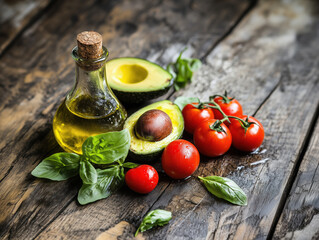 Fresh avocado, tomatoes, basil and olive oil creating a vibrant culinary scene on rustic wooden table