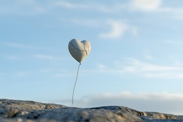 Heart Shaped Balloon Floating Above Rocky Terrain Against Blue Sky