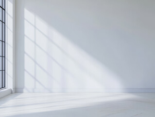 Fototapeta premium Sunlight streaming through windows in a minimalist room with bright white walls and floor