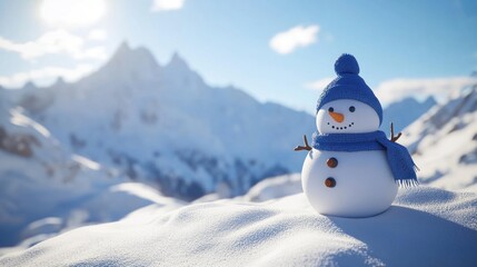 Obraz premium Cheerful snowman in blue hat and scarf, perched on snowy mountain peak under bright sun