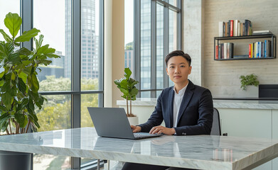 Asian businessman focused and determined, sitting at a marble-top desk with a sleek laptop in a modern workspace, a potted plant, and a floating shelf with books