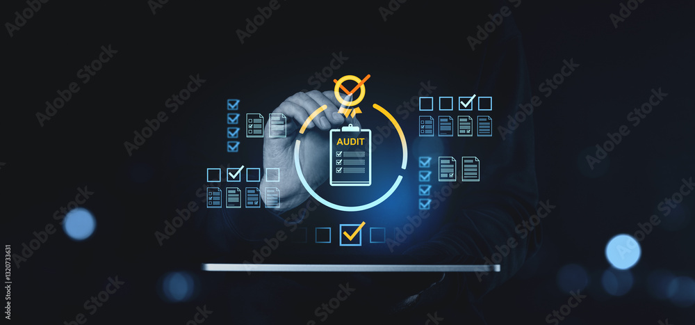 Poster business audit process with digital checklist interface.