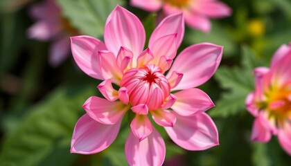 Naklejka premium Side & top view of a crown-shaped pink flower, delicate petals, summer, spring