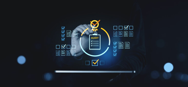 Business audit process with digital checklist interface.