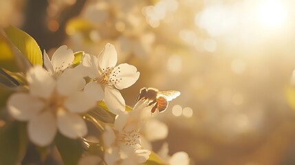 Golden Hour Bee Visits Spring Blossoms