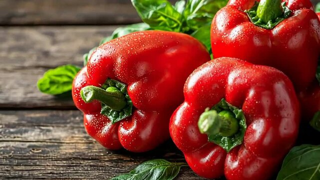 Red bell peppers and slices of red pepper on a dark background, with fresh green leaves nearby, generative AI