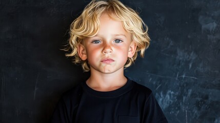 Young Boy With Blonde Hair Serious Expression