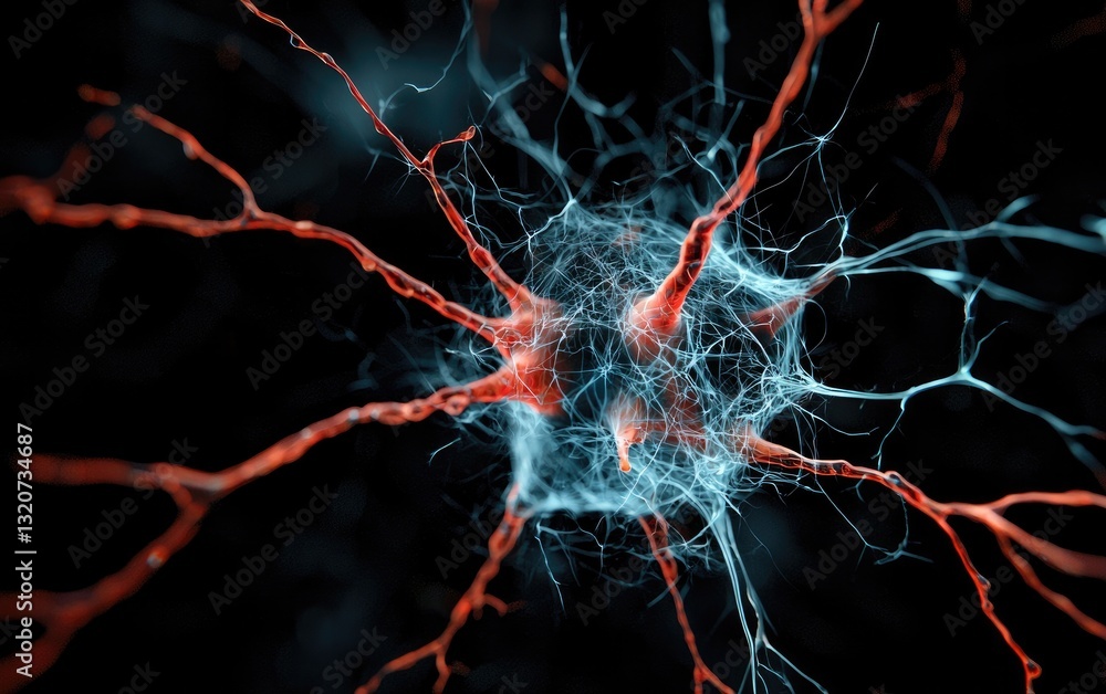 Poster glowing neuron microscopic view: intricate red and blue neural network