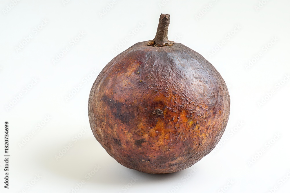 Poster detailed studio shot capturing a unique old ugly fruit with brown texture and stem on a white plain 