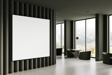 Blank poster mockup on dark modern interior wall with curved paneling. 3D Rendering