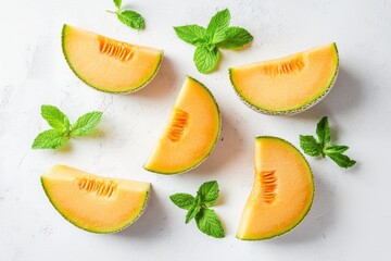 Fresh cantaloupe segments and mint leaves on white textured surface offering a refreshing organic essence