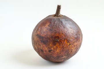 Detailed studio shot capturing a unique old ugly fruit with brown texture and stem on a white plain background