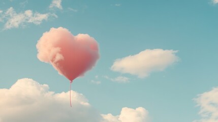 Fototapeta premium Pink heart-shaped cloud balloon floats in a pastel sky among fluffy white clouds
