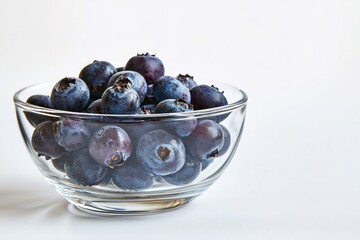 Elegant glass bowl filled with fresh blueberries against clean white background in captivating eye level view