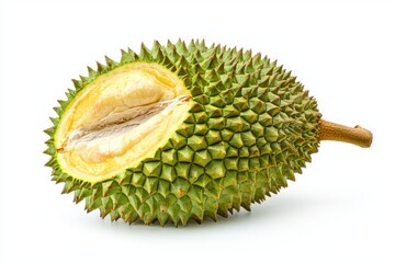 Obraz premium Fresh durian half cut displayed on white background for food photography with studio light detail