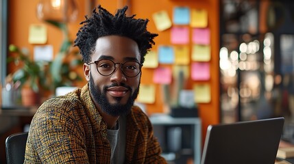 Obraz premium Surrounded by colorful sticky notes on an orange wall, a focused professional works on a laptop, symbolizing multitasking, time management, and workplace stress.