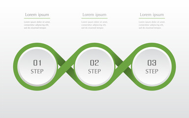 Green infographic template with 3 steps, options, parts or processes. Presentation of teamwork or business processes. Concept of molecule or infinity sign.