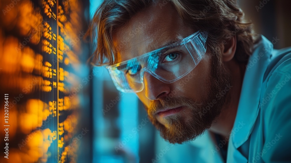 Aufkleber A focused engineer studies complex data trends, illuminated by glowing screens, showcasing the high-tech environment of a petrochemical processing site.