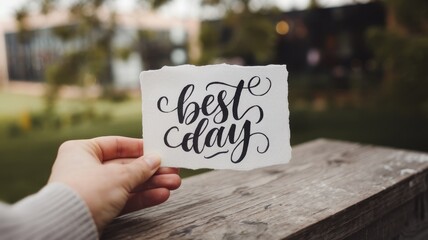 Hand Holding a 'Best Day' Sign: A Peaceful Moment Outdoors
