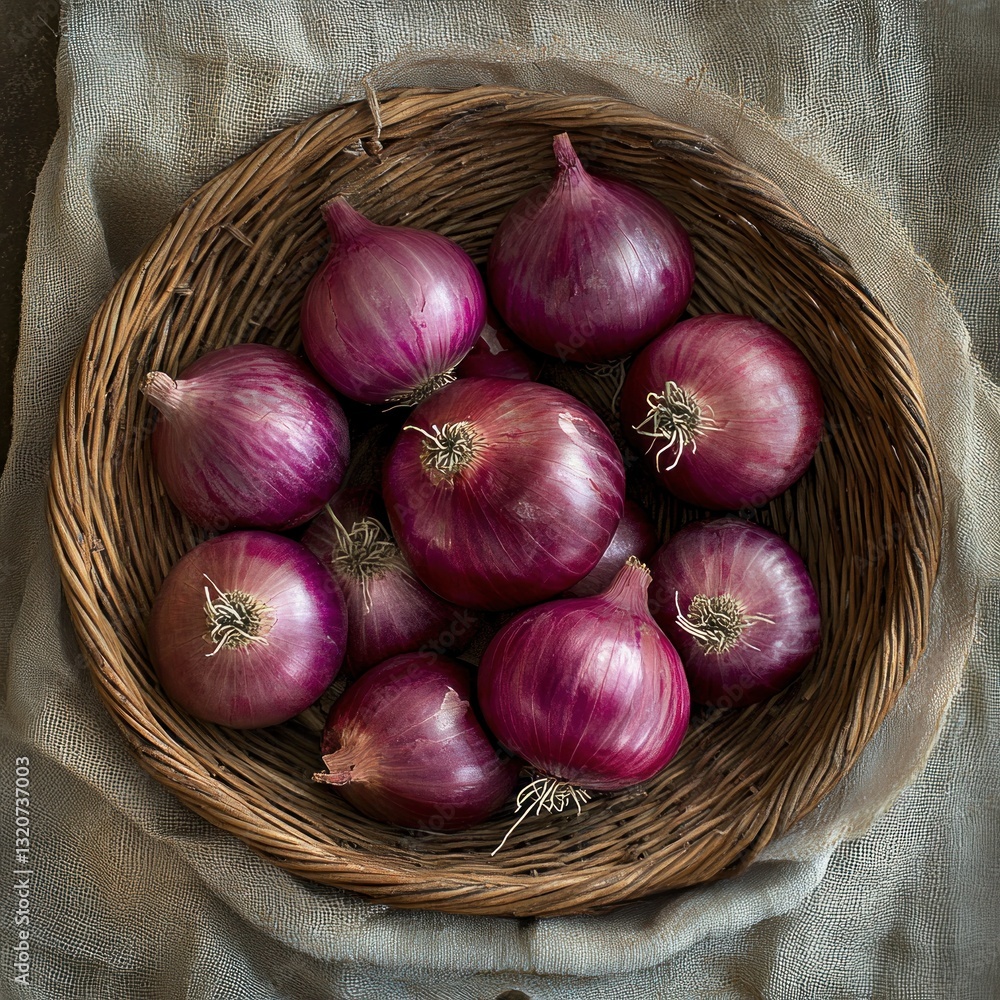 Poster rustic still life featuring ripe red onions in a woven basket on natural linen overhead view farm to