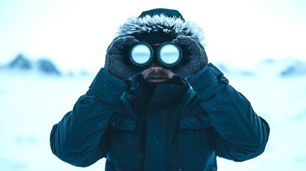 Serious Adventurer Using Binoculars in Snowy Arctic Environment