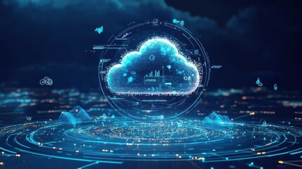 A futuristic holographic cloud computing dashboard displaying analytics and AI integration