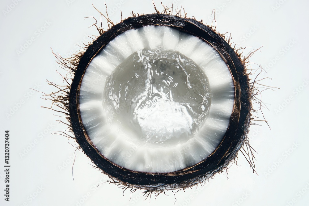 Poster vivid close up of a fresh coconut slice with its fibrous husk on a white background in a minimalist 