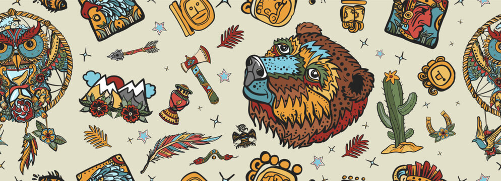 Owls and bears. Seamless pattern.  adventure, great outdoor. Tourism art. Old school tattoo style background