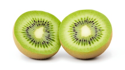 Fototapeta premium Freshly cut kiwi halves showcasing vibrant green flesh and tiny black seeds.